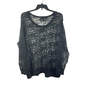 Lane Bryant Black Floral Crochet Long Sleeve Pullover 26/28 Boho Top